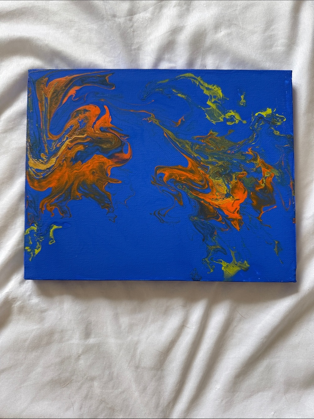 Modern Abstract Canvas Painting in Blue with Orange and Yellow Accents